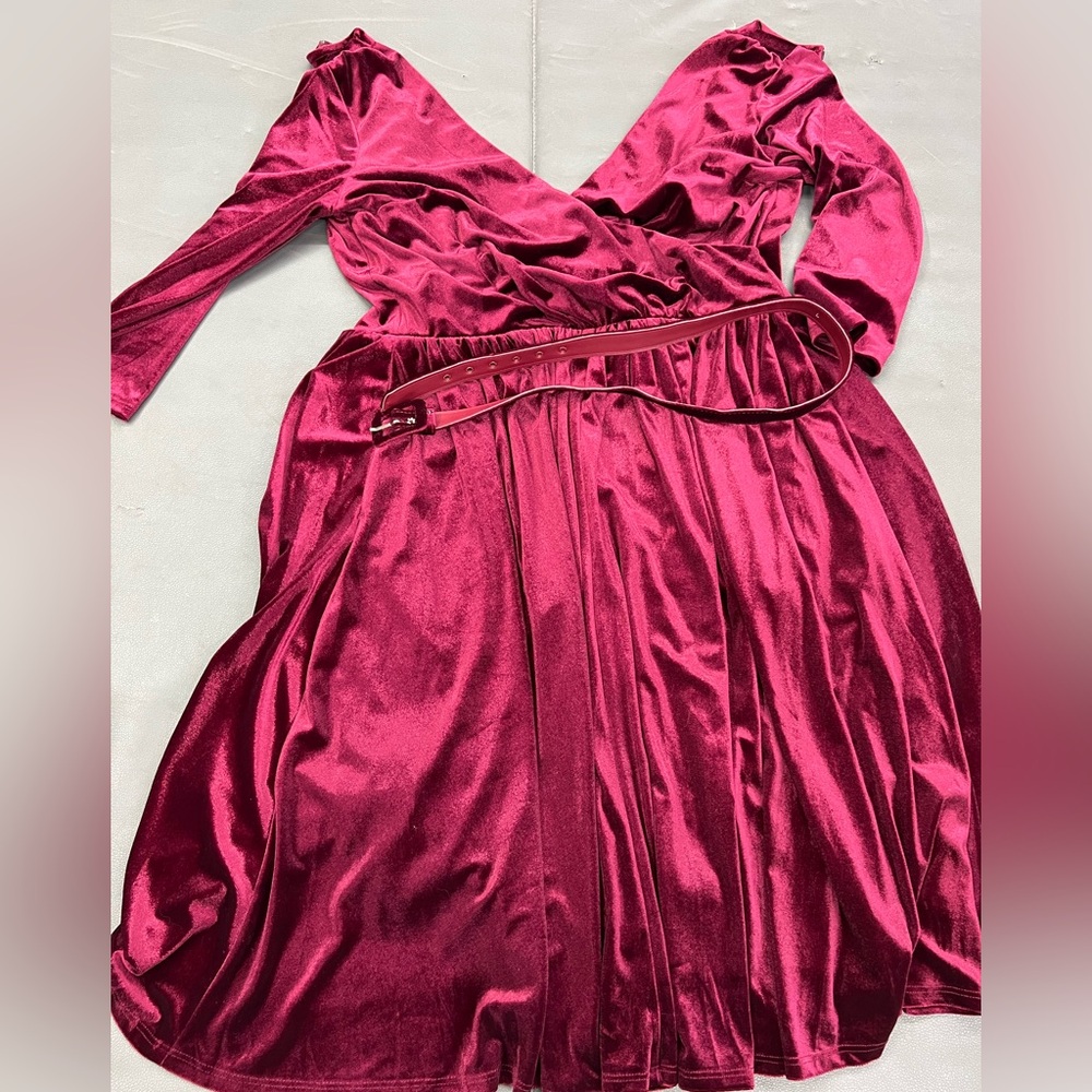 Vixen by Micheline Pitt Burgundy Velvet Dress with matching belt
